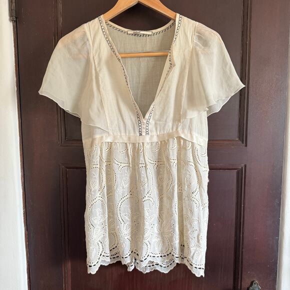 MINT by JODI ARNOLD | Embroidered Cotton Silk Eyelet Babydoll Split Neck Tee | 2 - Picture 1 of 11